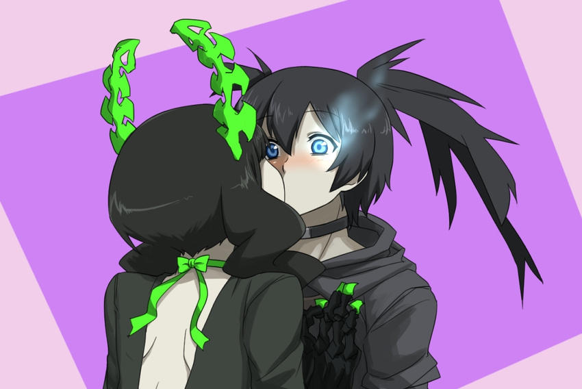 backless_outfit black_hair black_rock_shooter black_rock_shooter_(character) blue_eyes blush burning_eye choker claws dead_master gazacy_(dai) glowing glowing_eye horns kiss multiple_girls short_hair twintails yuri