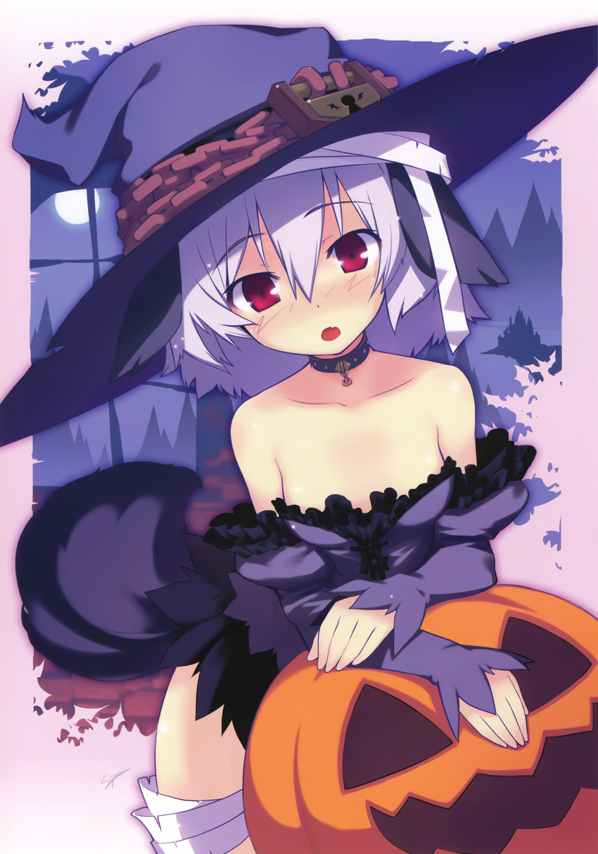 :o absurdres bandages blush collar collarbone dress full_moon hat highres jack-o'-lantern looking_at_viewer moon original pumpkin red_eyes silver_hair solo sumaki_shungo witch witch_hat