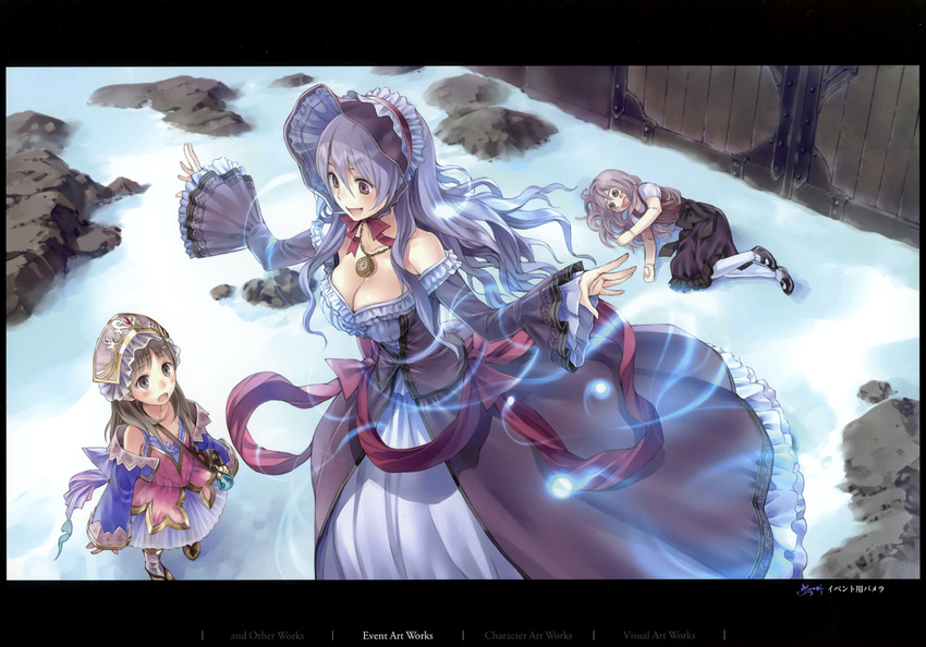 atelier_(series) atelier_totori bare_shoulders blue_sleeves blush bonnet boots bow breasts brown_eyes brown_hair cleavage dress ghost hairband jewelry kishida_mel long_hair medium_breasts multiple_girls necklace official_art pamela_ibiss purple_hair ribbon skirt smile totooria_helmold