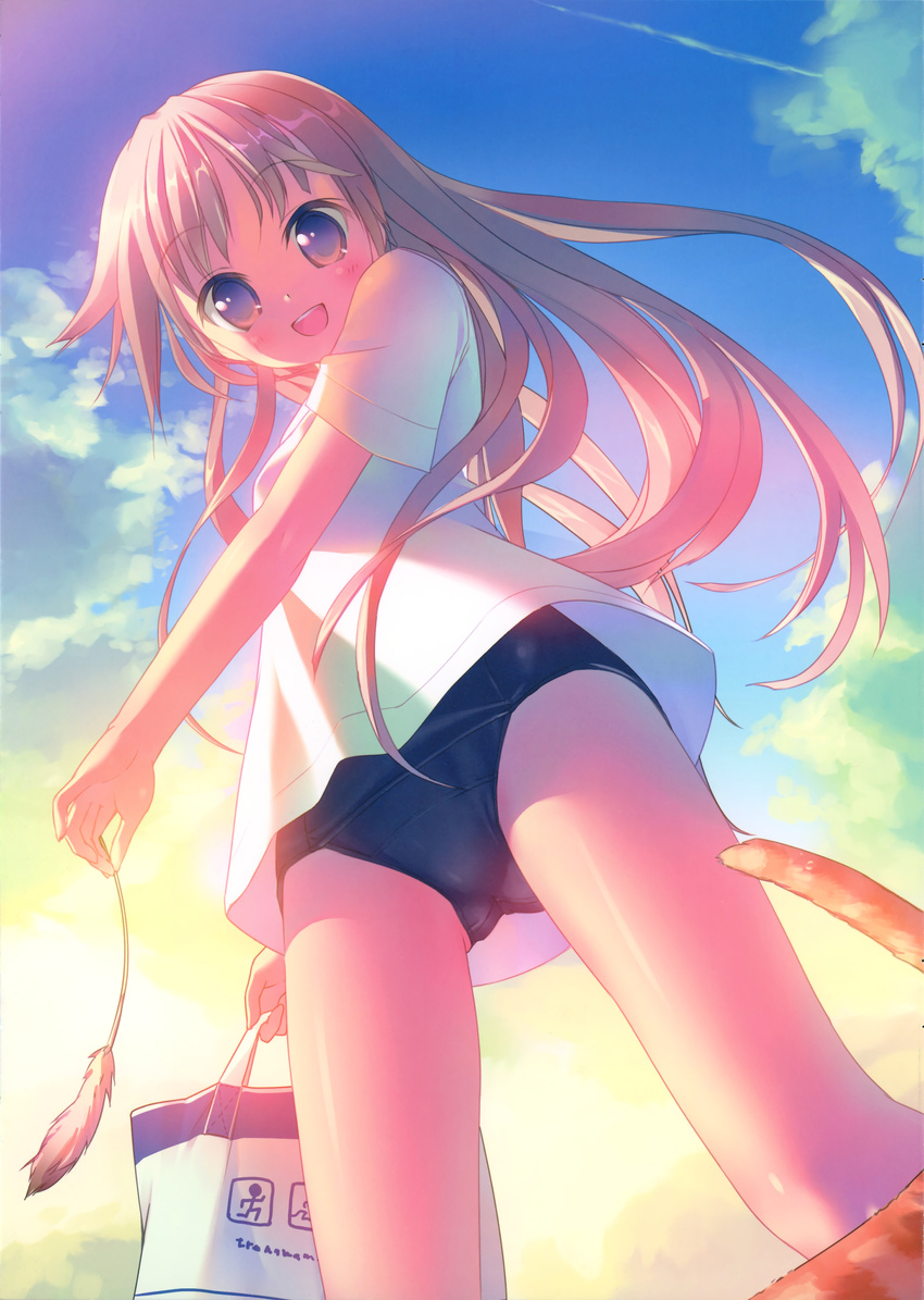 :d absurdres bag blonde_hair blush cat cloud day from_below highres holding long_hair one-piece_swimsuit open_mouth original scan school_swimsuit sky smile solo swimsuit swimsuit_under_clothes takoyaki_(roast) yellow_eyes