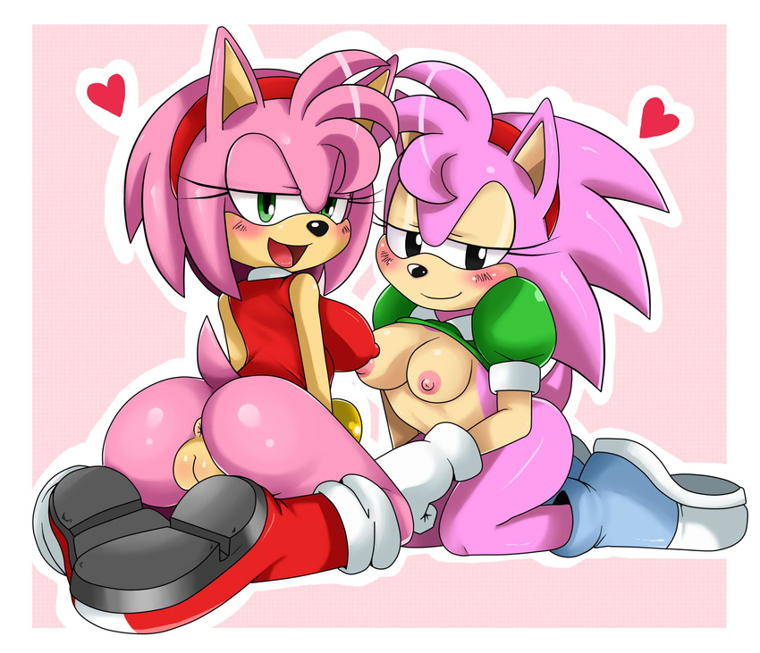 2girls amy_rose anus ass blush boots bottomless breasts eric_lowery furry heart highres inviting large_breasts multiple_girls pink_background presenting pussy sega simple_background sonic_cd sonic_the_hedgehog ss2_(artist) tail take_your_pick time_paradox