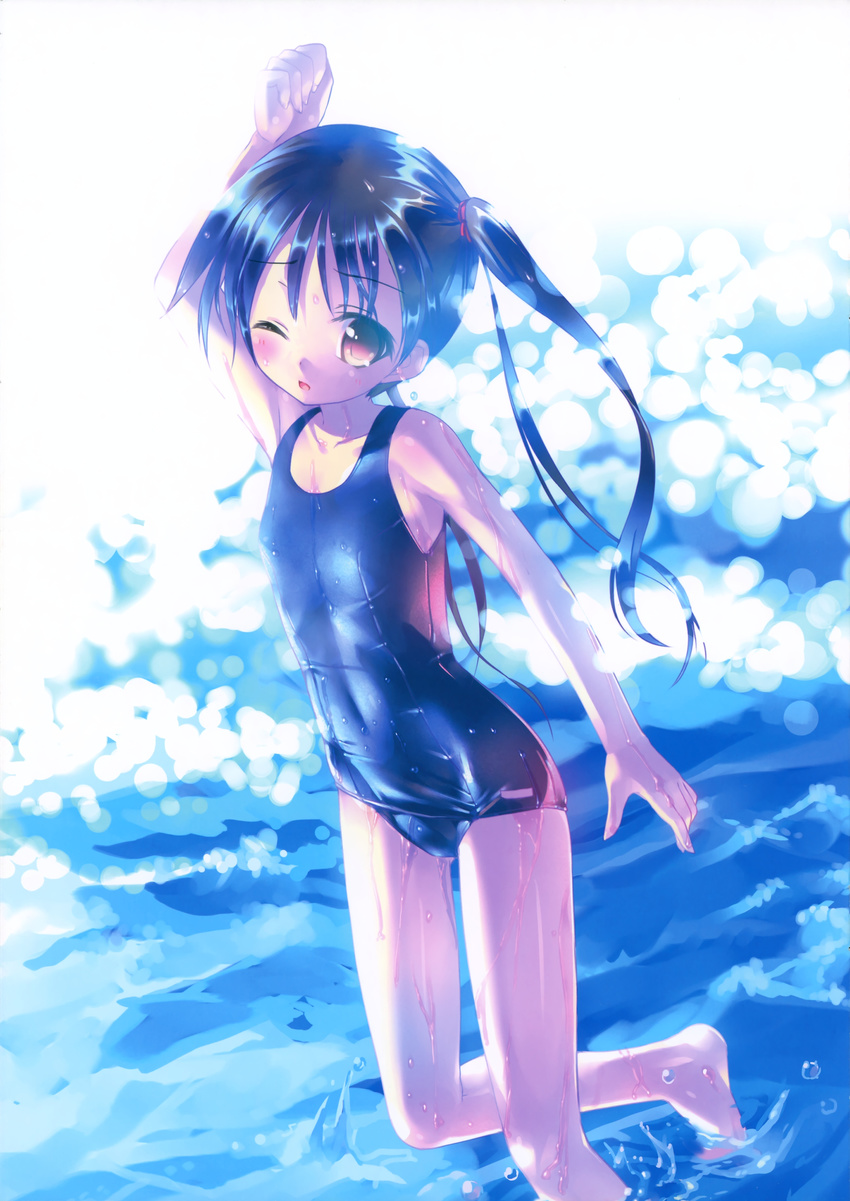 ;d absurdres arm_up barefoot black_hair black_swimsuit blush covered_navel flat_chest highres md5_mismatch one-piece_swimsuit one_eye_closed open_mouth original red_eyes scan school_swimsuit shiny shiny_clothes smile solo swimsuit takoyaki_(roast) twintails wading water wet wet_clothes