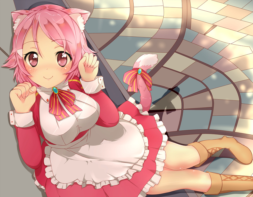 animal_ears apron blush boots bow breasts cat_ears dress freckles frills highres large_breasts lisbeth moripomera paw_pose pink_eyes pink_hair short_hair smile solo sword_art_online tail