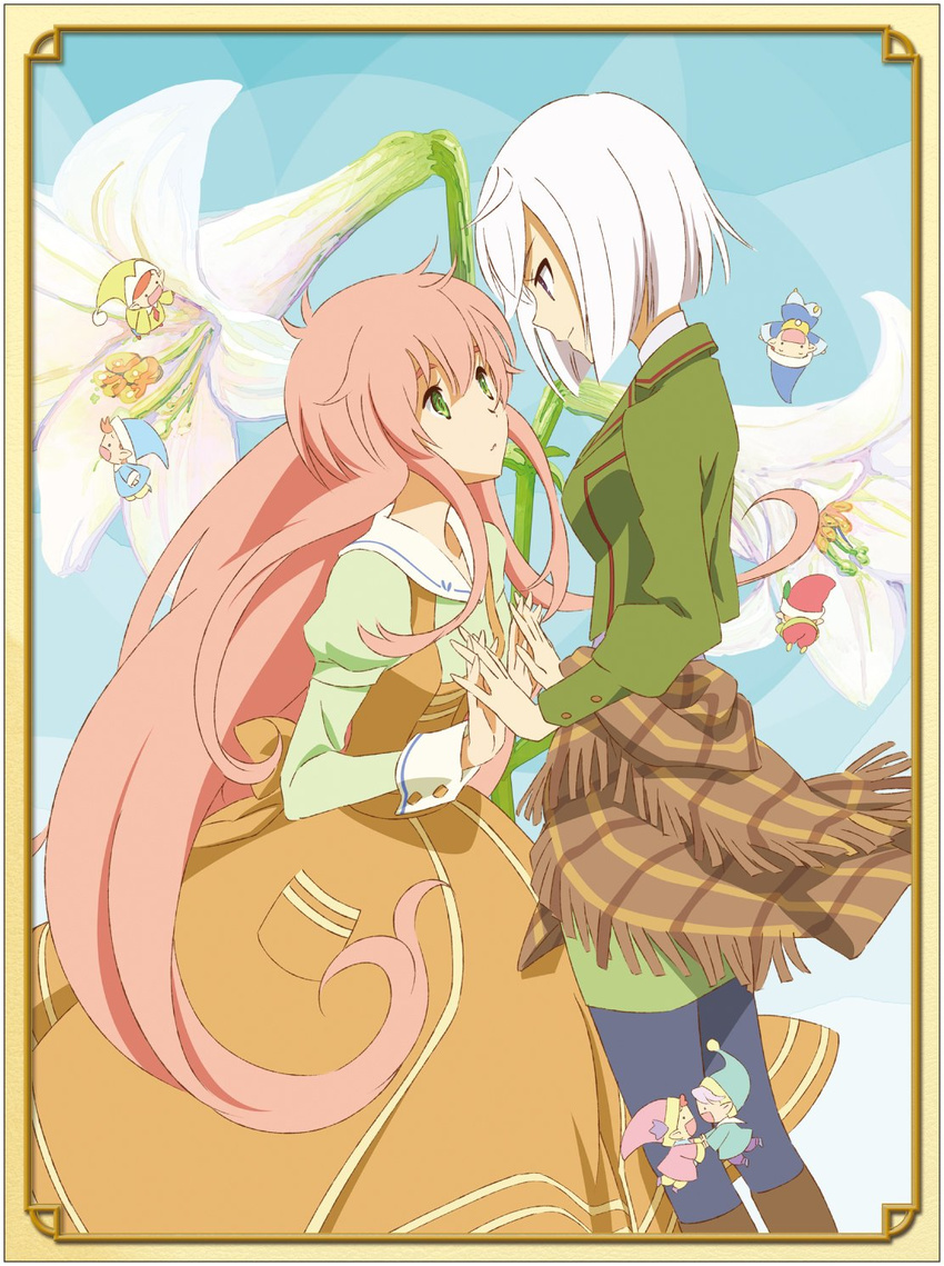 blue_background clothes_around_waist couple dress eye_contact fairy_(jintai) floral_background flower frame green_eyes green_shirt hat highres holding_hands interlocked_fingers jinrui_wa_suitai_shimashita lily_(flower) long_hair long_sleeves looking_at_another multiple_girls non-web_source official_art pink_hair sakai_kyuuta shirt short_hair skirt sweater sweater_around_waist very_long_hair watashi_(jintai) white_hair y_(jintai) yuri