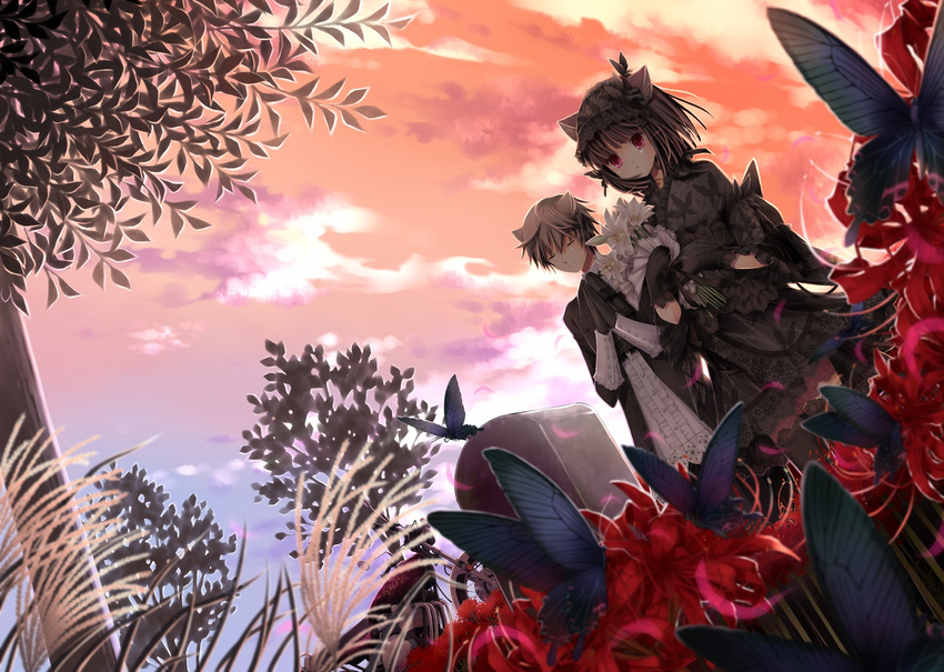 1girl animal_ears black_gloves brother_and_sister brown_hair bug butterfly cat_ears closed_eyes dog_ears flower gloves graveyard ground_vehicle highres insect kanzaki_hayato kanzaki_miku kuroinu lily_(flower) motor_vehicle motorcycle original praying red_eyes red_sky short_hair siblings sky spider_lily tombstone