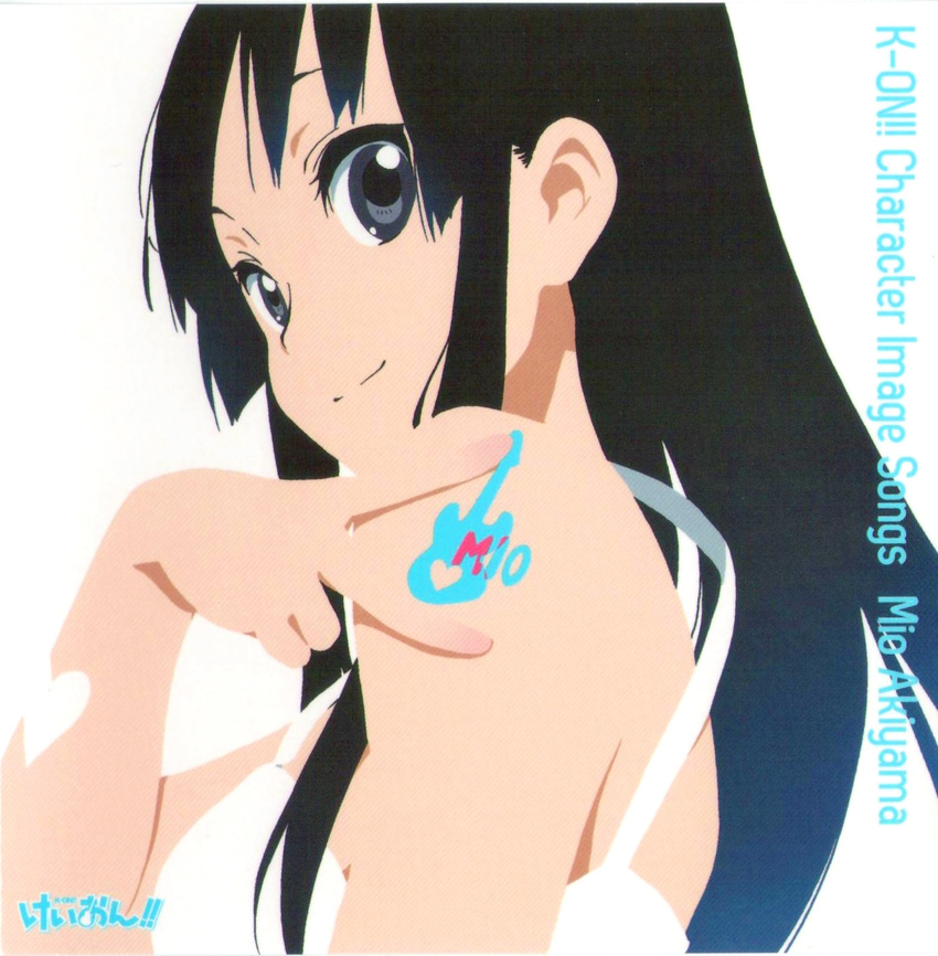 akiyama_mio album_cover bare_shoulders black_hair bodypaint character_single cover dress grey_eyes heart highres hime_cut horiguchi_yukiko k-on! long_hair official_art reference_work scan scan_artifacts simple_background solo v