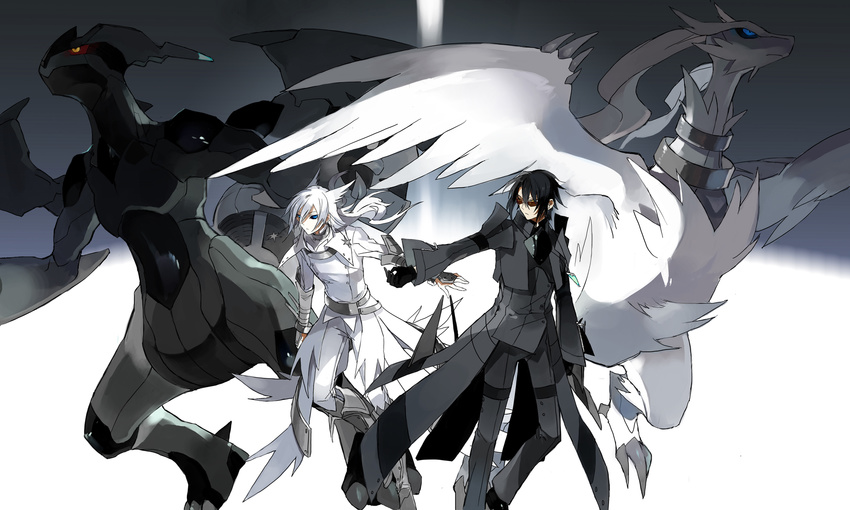 black_hair coat gen_5_pokemon highres long_hair male_focus moemon multiple_boys personification pokemon reshiram starshadowmagician sunglasses white_hair zekrom