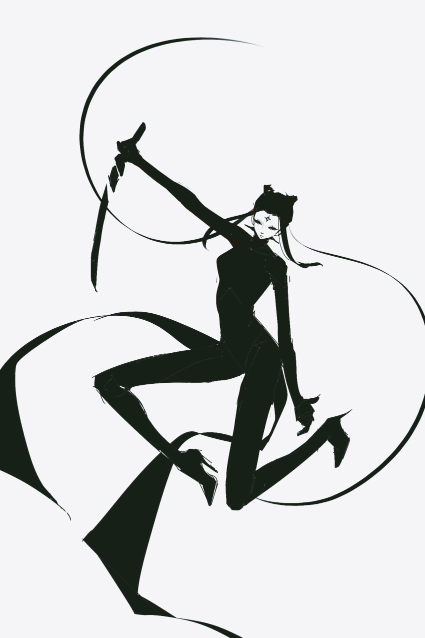 1girl blame! bodysuit expressionless facial_mark floating_hair forehead forehead_mark full_body greyscale hair_horns high_heels highres holding holding_sword holding_weapon lmtoohard monochrome on_one_knee parted_bangs pcell sidelocks silicon_creature_(blame!) simple_background solo sword weapon