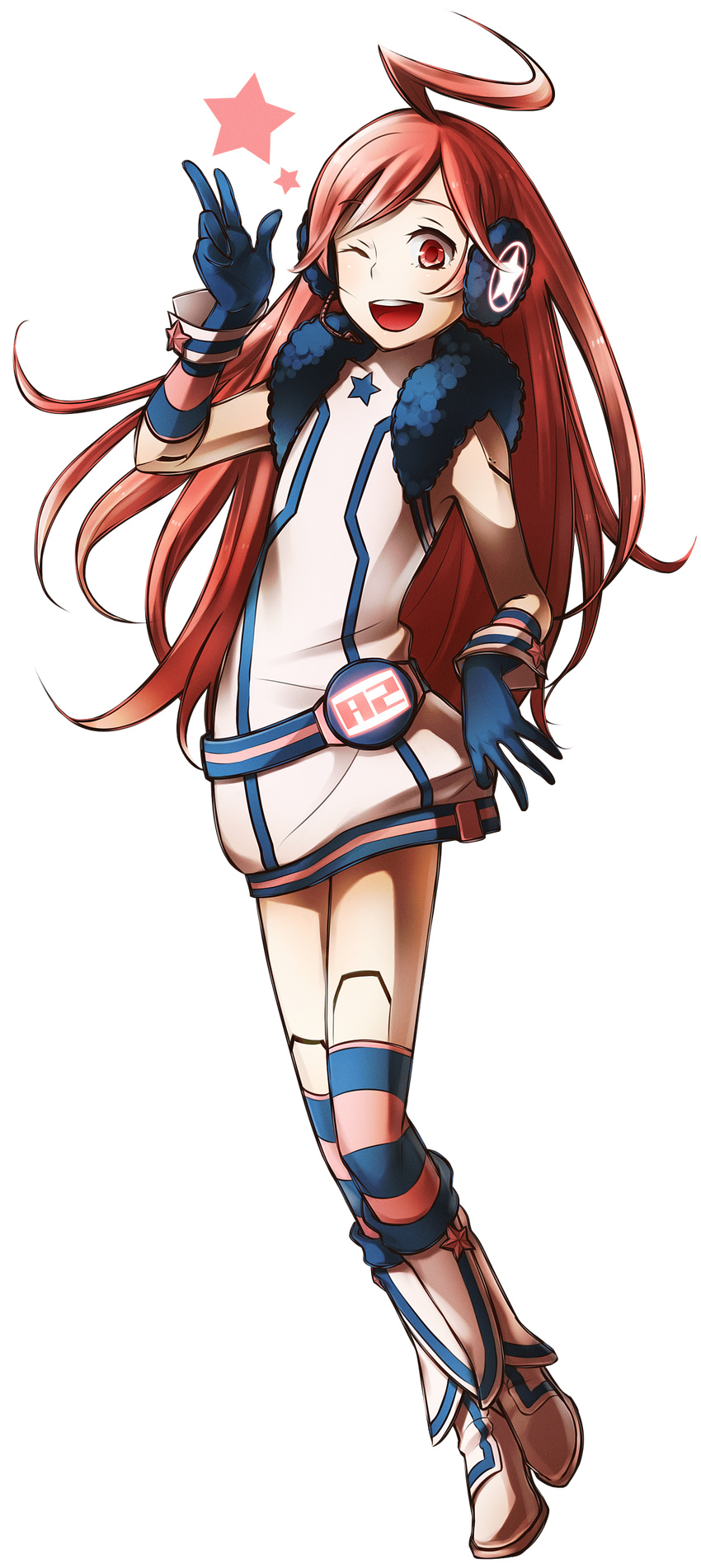 absurdres ahoge bad_id bad_pixiv_id full_body gloves headset highres long_hair matsuda_suzuri one_eye_closed red_eyes red_hair sf-a2_miki solo transparent_background vocaloid