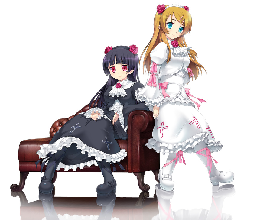 black_hair blue_eyes brown_hair dress gokou_ruri gothic_lolita hairband highres kotobuki_utage kousaka_kirino lolita_fashion long_hair mary_janes mole mole_under_eye multiple_girls nail_polish ore_no_imouto_ga_konna_ni_kawaii_wake_ga_nai pantyhose pink_eyes purple_nails shoes white_nails