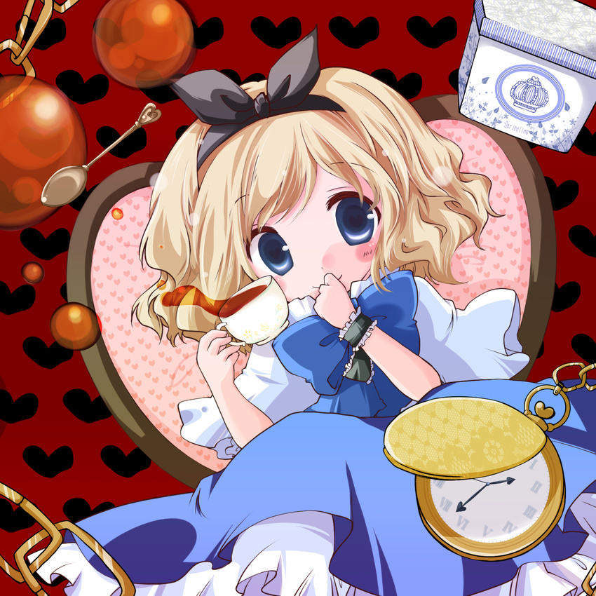alice_margatroid alice_margatroid_(pc-98) annotated blonde_hair blue_eyes blush bow chain chair dress frilled_dress frills futami_yayoi hair_bow hair_ornament hairband heart highres pocket_watch spoon touhou touhou_(pc-98) translated watch
