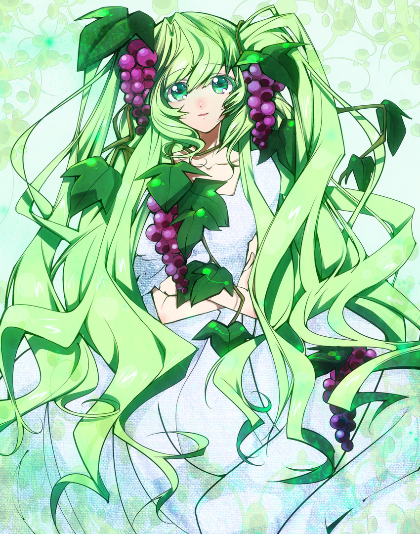 bad_id bad_pixiv_id cougar dress food fruit grapes green_eyes green_hair highres ivy long_hair original solo twintails very_long_hair