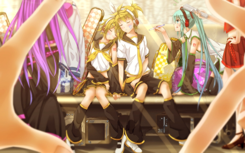 aqua_eyes aqua_hair arm_support bad_id bad_pixiv_id bare_shoulders blush closed_eyes detached_sleeves facepaint finger_frame hair_ornament hair_ribbon hairclip hand_on_hip hatsune_miku headphones holding_hands kagamine_len kagamine_rin kaito kneeling leg_warmers long_hair megurine_luka meiko multiple_girls necktie open_mouth ribbon sailor_collar short_hair siblings sitting skirt sleeping sleeping_upright smile swordsouls thighhighs tongue twins twintails very_long_hair vocaloid wallpaper zettai_ryouiki