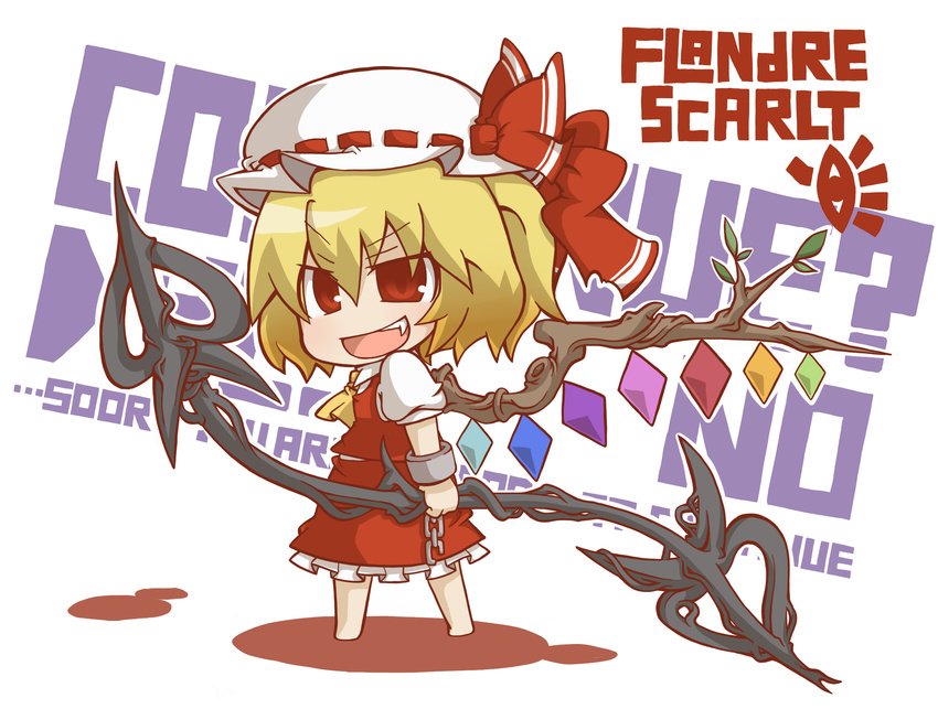 blonde_hair bow character_name cuffs engrish fang flandre_scarlet gurageida hat highres laevatein open_mouth ranguage red_eyes shackles solo touhou wings