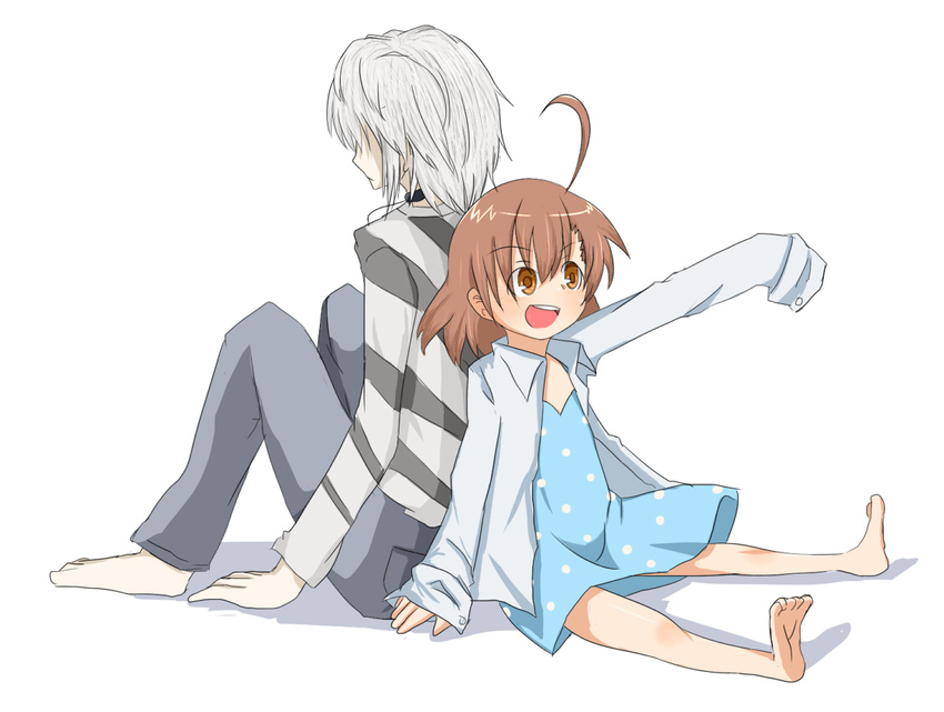 1girl accelerator ahoge back-to-back barefoot brown_eyes brown_hair jewelry last_order necklace pointing rubii to_aru_majutsu_no_index white_hair
