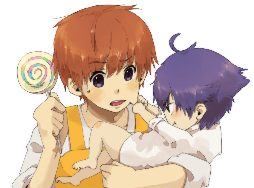 angel_beats! baby bad_id bad_pixiv_id black_eyes brown_hair candy cheek_pinching food lollipop maguro_(ma-glo) male_focus multiple_boys noda_(angel_beats!) otonashi_(angel_beats!) pinching purple_hair swirl_lollipop time_paradox younger