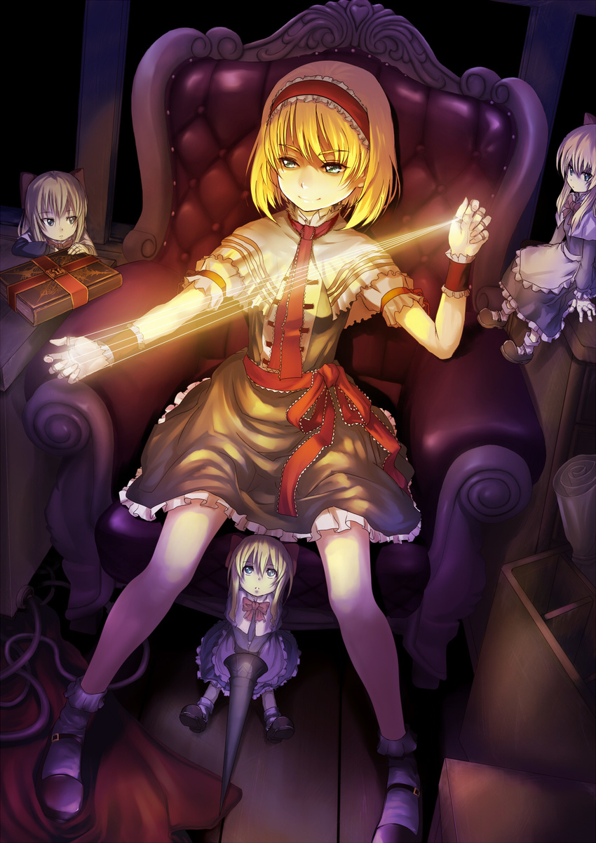 alice_margatroid armchair blonde_hair blue_eyes bobby_socks book bow capelet chair doll doll_joints full_body grimoire grimoire_of_alice hair_bow hairband highres indoors lance light magic mary_janes polearm realmbw ribbon shanghai_doll shoes short_hair sitting smile socks string touhou weapon