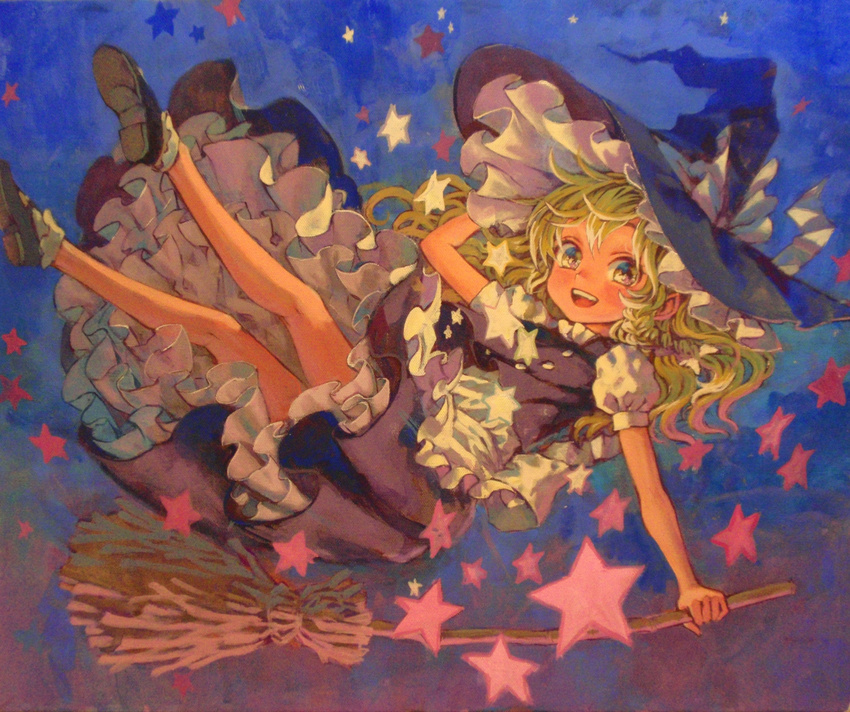 absurdres acrylic_paint_(medium) ama-tou blonde_hair broom flying frills gathers hand_on_headwear hat highres kirisame_marisa looking_at_viewer night open_mouth ribbon smile solo star touhou traditional_media witch_hat yellow_eyes