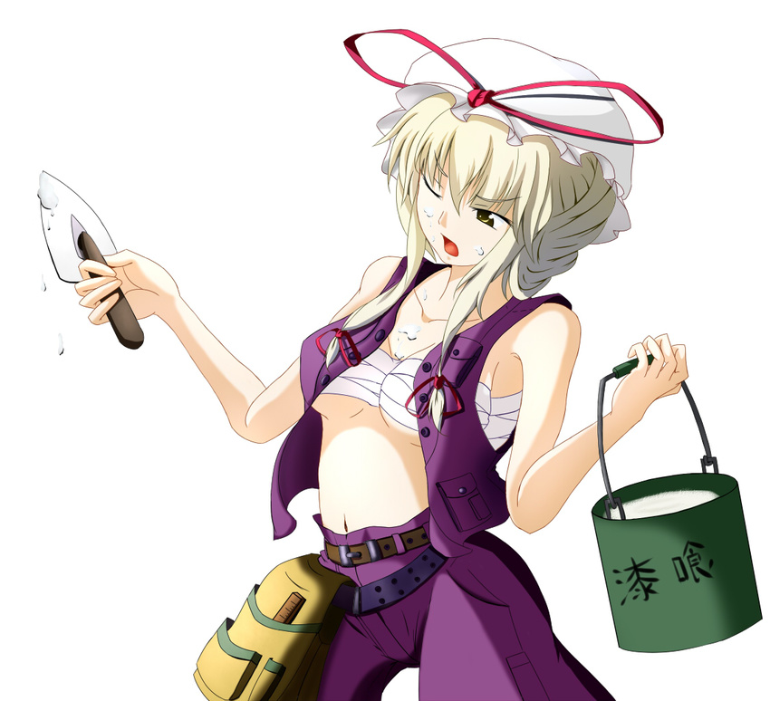 alternate_costume bad_id bad_pixiv_id belt blonde_hair bucket hat masonry_trowel nikka_(cryptomeria) one_eye_closed open_clothes sarashi solo touhou trowel yakumo_yukari yellow_eyes