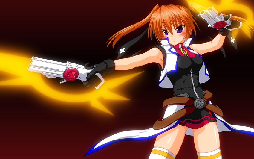 belt blue_eyes blush breasts cross_mirage dress dual_wielding gangsta_hold gloves gun hair_ribbon highres holding large_breasts lyrical_nanoha mahou_shoujo_lyrical_nanoha_strikers orange_hair ribbon ryokusuiteien shiny shiny_skin short_dress skin_tight skindentation solo teana_lanster thighhighs twintails vest wallpaper weapon zettai_ryouiki