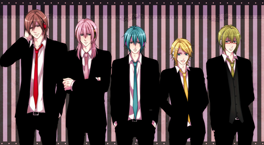 formal genderswap genderswap_(ftm) glasses gumiya hatsune_mikuo headphones highres kagamine_rinto male_focus megurine_luki meito miyoshi_(m178) multiple_boys necktie suit vocaloid