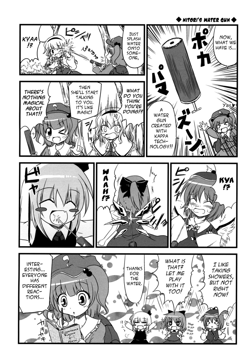 alice_margatroid blush blush_stickers bow cirno comic dress english fish greyscale hair_bow hair_ribbon hard_translated hat highres kawashiro_nitori monochrome multiple_girls mystia_lorelei ribbon rumia short_hair smile touhou translated water wings