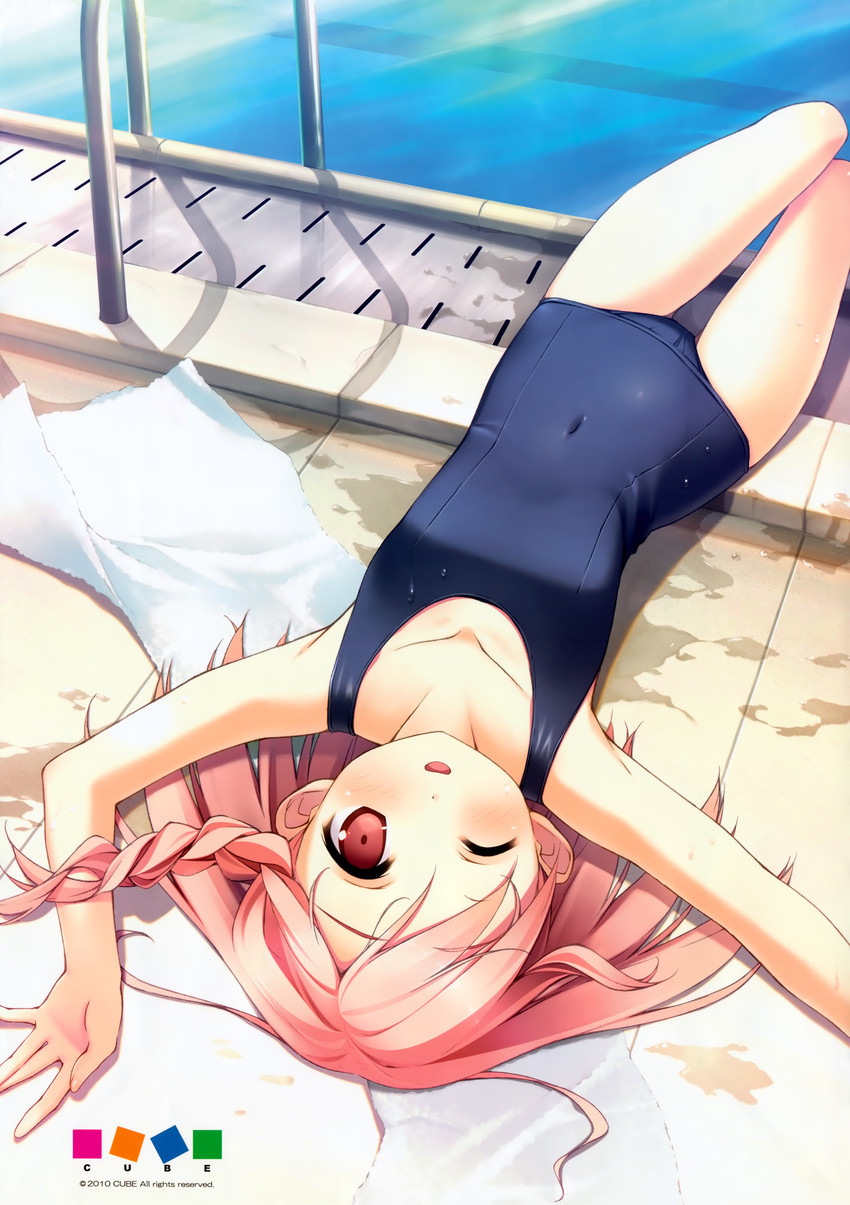 2010 absurdres braid company_name covered_navel highres kantoku logo looking_at_viewer lying navel old_school_swimsuit on_back one-piece_swimsuit one_eye_closed pink_eyes pink_hair pool pool_ladder poolside school_swimsuit side_braid smile solo swimsuit towel upside-down white_towel your_diary yua_(your_diary)