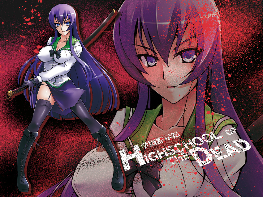 black_legwear blood blue_eyes boots bow breasts busujima_saeko c.r. cleavage covered_nipples garter_straps gloves highres highschool_of_the_dead katana large_breasts long_hair panties purple_hair ready_to_draw school_uniform serafuku sheath sheathed side-tie_panties solo sword text_focus thighhighs underwear very_long_hair wallpaper weapon zoom_layer