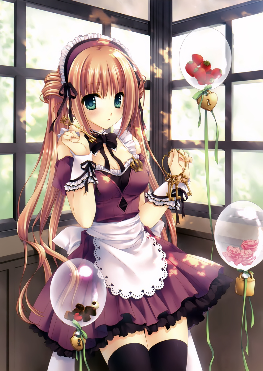 absurdres apron aqua_eyes balloon black_legwear blonde_hair blush bow bowtie breasts chocolate detached_collar flower food frills fruit headband heart-shaped_lock highres key lock long_hair maid maid_headdress medium_breasts original ribbon solo source_request strawberry tatekawa_mako thighhighs very_long_hair waist_apron window wrist_cuffs zettai_ryouiki