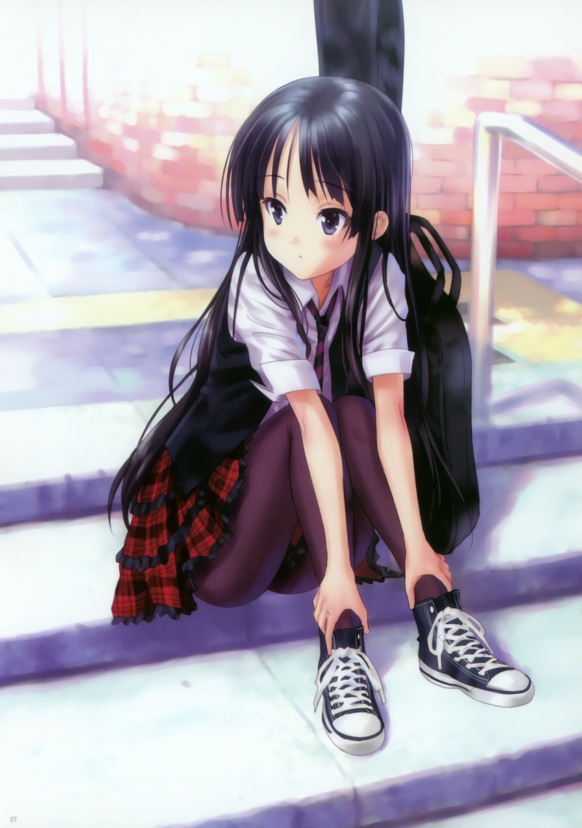 absurdres akiyama_mio black_eyes black_hair black_legwear blush goto_p guitar_case highres image_sample instrument_case k-on! long_hair necktie pantyhose plaid plaid_skirt shoes sitting sitting_on_stairs skirt sneakers solo stairs yandere_sample