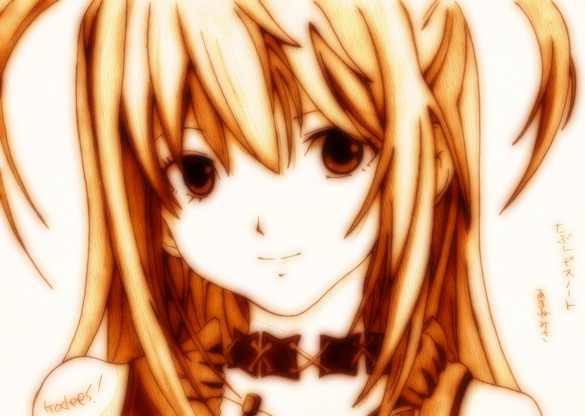 amane_misa bad_id bad_pixiv_id bangs bare_shoulders choker death_note godees graphite_(medium) head_tilt highres long_hair monochrome sepia sketch smile solo traditional_media two_side_up