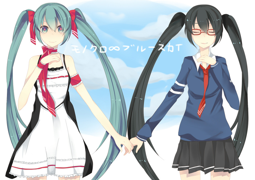 black_hair closed_eyes dress dual_persona glasses green_eyes green_hair hatsune_miku holding_hands ribbon seifuku smile tie twintails vocaloid