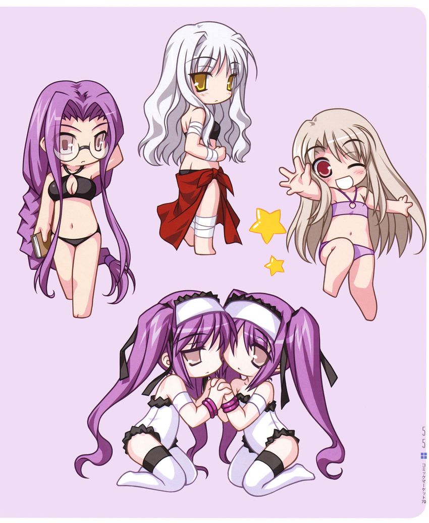 absurdres bandages barefoot bikini black_(artist) blush book caren_hortensia chibi euryale fate/hollow_ataraxia fate/stay_night fate_(series) flat_chest glasses highres illyasviel_von_einzbern long_hair multiple_girls purple_eyes purple_hair red_eyes rider siblings silver_hair starfish stheno swimsuit twins twintails very_long_hair white_hair yellow_eyes