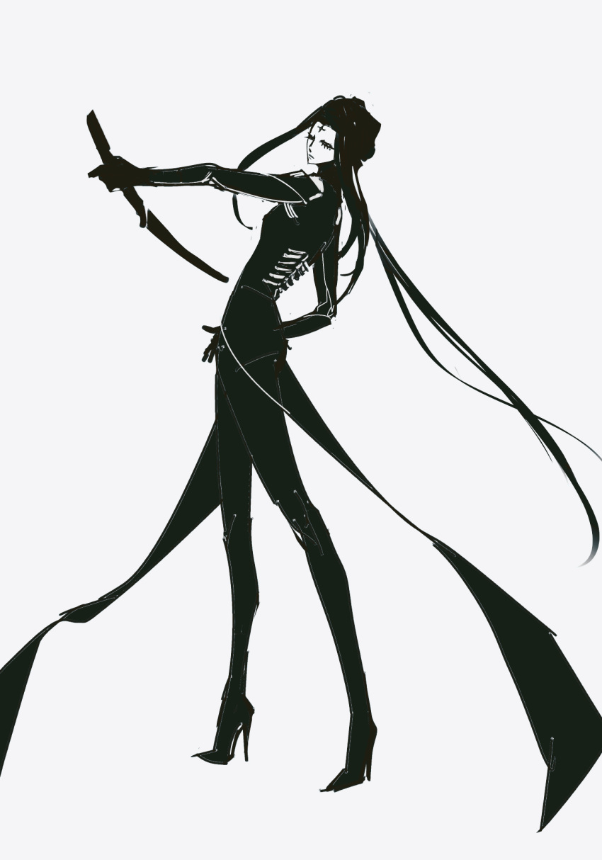 1girl blame! chinese_commentary commentary cyberpunk cyborg expressionless facial_mark forehead forehead_mark full_body greyscale high_heels highres holding holding_sword holding_weapon lmtoohard long_hair mechabare monochrome parted_bangs pcell reverse_grip silicon_creature_(blame!) simple_background solo standing sword tailcoat very_long_hair weapon