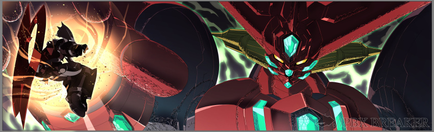 absurdres arm_blade arm_slave_(mecha) armor battle biomechanical crossover energy getter_emperor getter_rays getter_robo getter_robo_arc getter_robo_go glowing glowing_eyes green_light highres horns mazinger_(series) mazinger_zero_(mecha) mecha mecha_focus multicolored_armor no_humans pillar_buster red_armor robot science_fiction shin_getter_robo shin_mazinger_zero space super_robot weapon yellow_eyes yellow_light