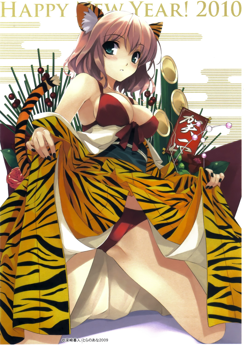 2010 animal_ears animal_print aqua_eyes armpits bamboo bikini black_nails blush breasts brown_hair cleavage dress dress_lift highres japanese_clothes kadomatsu kimono kneeling large_breasts misaki_kurehito nail_polish new_year obi off_shoulder original red_bikini sash short_hair solo swimsuit tail tiger_ears tiger_print tiger_tail