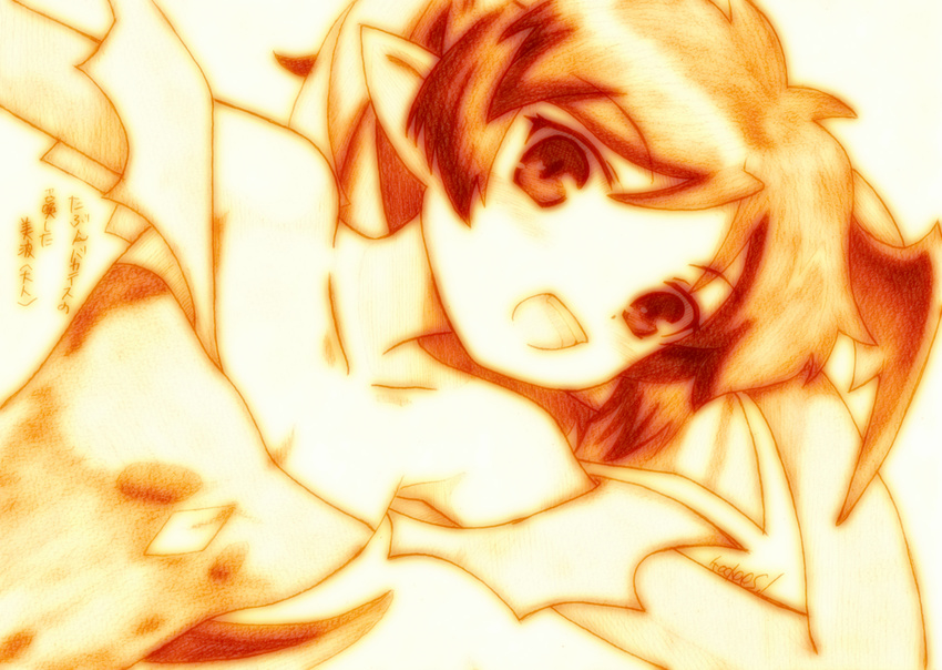 bad_id bad_pixiv_id baka_to_test_to_shoukanjuu flat_chest godees head_wings highres monochrome open_mouth sepia shimada_minami sketch solo traditional_media
