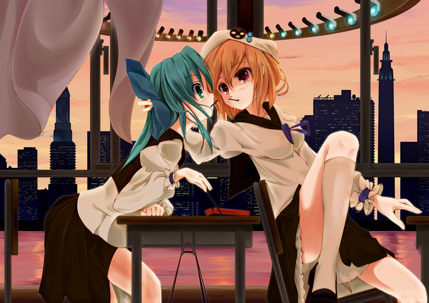 breasts commentary_request food green_eyes green_hair highres ilis medium_breasts multiple_girls pocky skirt yuri