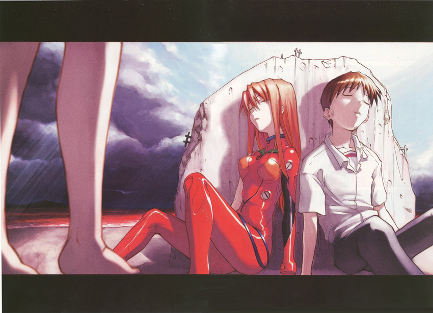 2girls against_wall bangs barefoot black_pants bodysuit bracer breasts brown_hair closed_eyes cloud collared_shirt day fake_screenshot hair_between_eyes head_tilt highres ikari_shinji kimigabuchi knee_up lcl letterboxed long_hair lower_body medium_breasts multiple_girls neon_genesis_evangelion orange_hair out_of_frame outdoors pants parted_lips pilot_suit plugsuit re-take_doujinshi red_bodysuit ruins scan school_uniform shiny shiny_clothes shirt short_hair short_sleeves single_sleeve sitting skin_tight sky sleeping sleeping_upright souryuu_asuka_langley standing straight_hair sunlight turtleneck wall white_shirt wing_collar