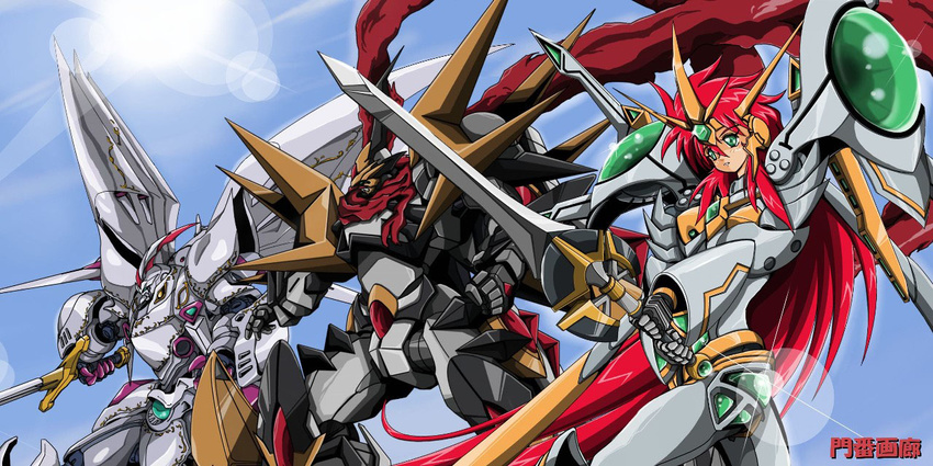 armor artist_request blue_sky cybuster dairaioh day flying holding holding_sword holding_weapon lens_flare looking_at_viewer machinery mecha outdoors sky sun sunlight super_robot_wars super_robot_wars_the_lord_of_elemental sword the_3rd_super_robot_wars_alpha unsheathed upper_body valsione valsione_r weapon