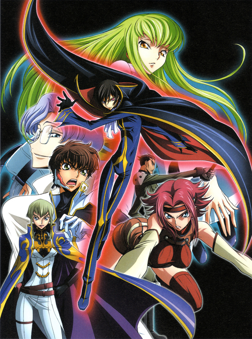 4boys absurdres artist_request bangs blue_eyes c.c. cape code_geass code_geass:_lost_colors flipped_hair glasses green_hair headband highres kallen_stadtfeld knights_of_the_round_uniform kururugi_suzaku lelouch_lamperouge lloyd_asplund multiple_boys multiple_girls nonette_enneagram official_art red_hair short_hair thighhighs toudou_kyoushirou