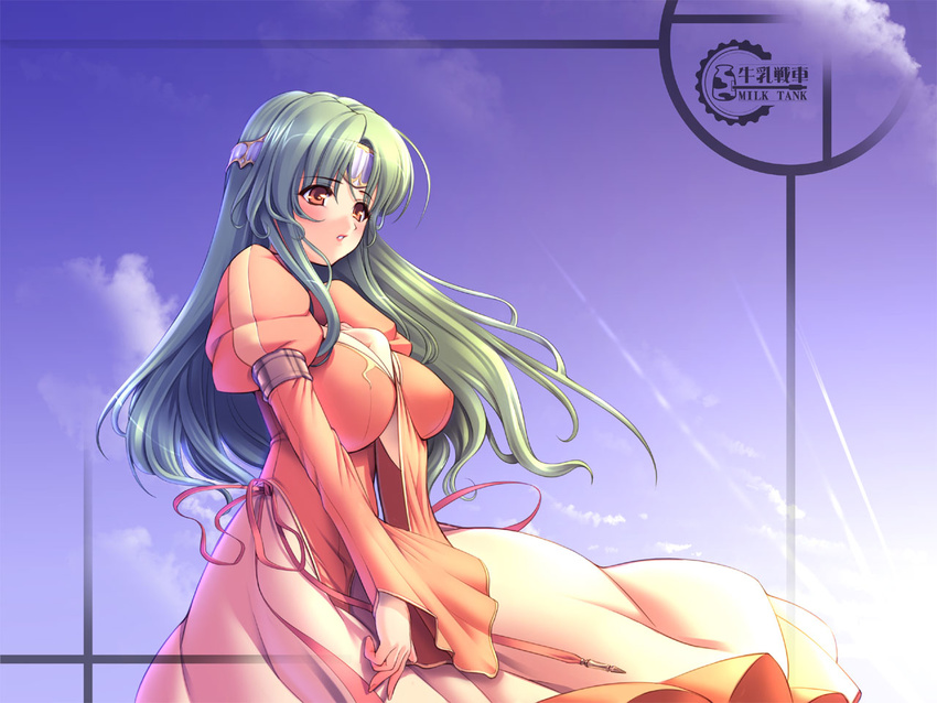 bangs between_breasts bow breasts cloud day dress elincia_ridell_crimea fire_emblem fire_emblem:_souen_no_kiseki green_hair gunner-l headband huge_breasts lipstick long_hair makeup orange_eyes ribbon sky solo sun wind