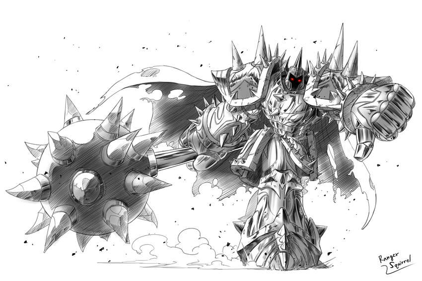 armor cape glowing glowing_eyes greyscale helmet league_of_legends mace male_focus monochrome mordekaiser no_pupils ranger_squirrel red_eyes signature solo spikes thumbs_down weapon