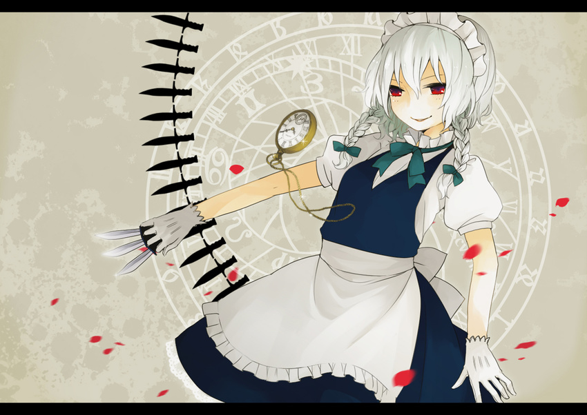 apron bad_id bad_pixiv_id braid gloves izayoi_sakuya kanitama_(putyourhead) knife maid maid_headdress pocket_watch puffy_sleeves red_eyes short_hair short_sleeves silver_hair smile solo sparkle touhou twin_braids watch weapon