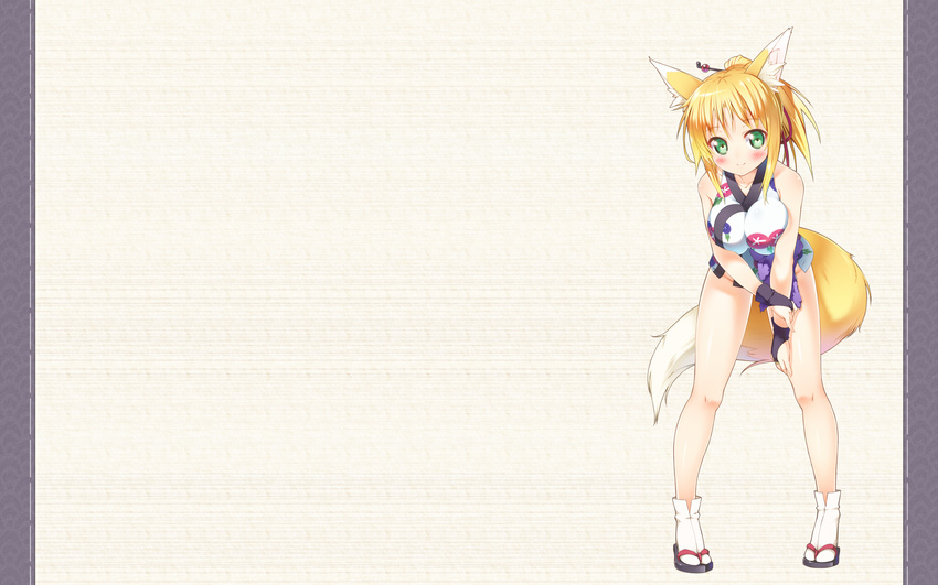 animal_ears blonde_hair blush breasts dog_days foxgirl gloves green_eyes ichi_makoto nopan photoshop ponytail tail yukikaze_panettone