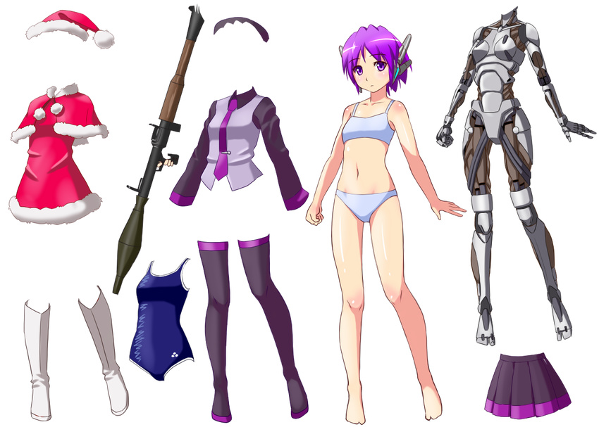 bare_shoulders barefoot beret black_legwear boots full_body harisenbon_(power-slide) hat kisekae navel necktie parts_exposed pom_pom_(clothes) purple_eyes purple_hair robot_ears rocket_launcher rpg rpg-7 santa_costume santa_hat school_swimsuit short_hair skirt swimsuit thighhighs transparent_background underwear underwear_only utane_uta utau weapon