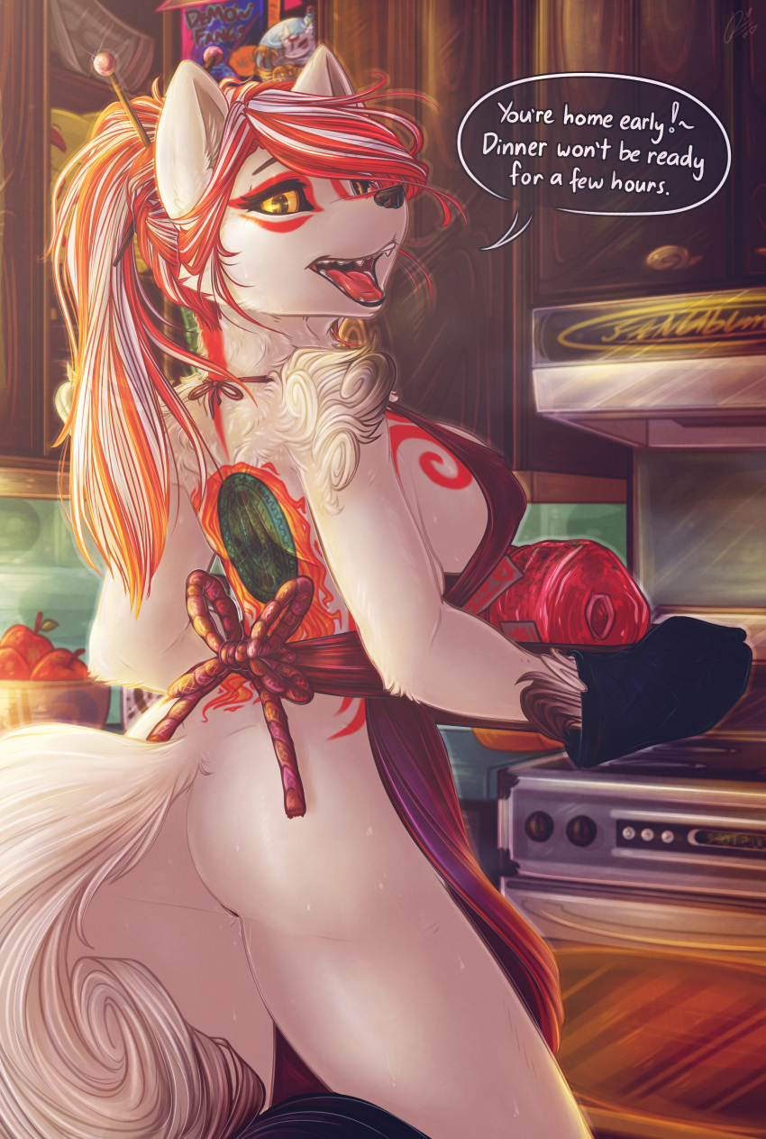 2019 amaterasu anthro apron barely_visible_genitalia barely_visible_pussy butt canine capcom clothing deity dialogue dimwitdog english_text female fox hair kitchen looking_at_viewer mammal naked_apron pussy rear_view red_hair smile solo speech_bubble text video_games white_hair ōkami