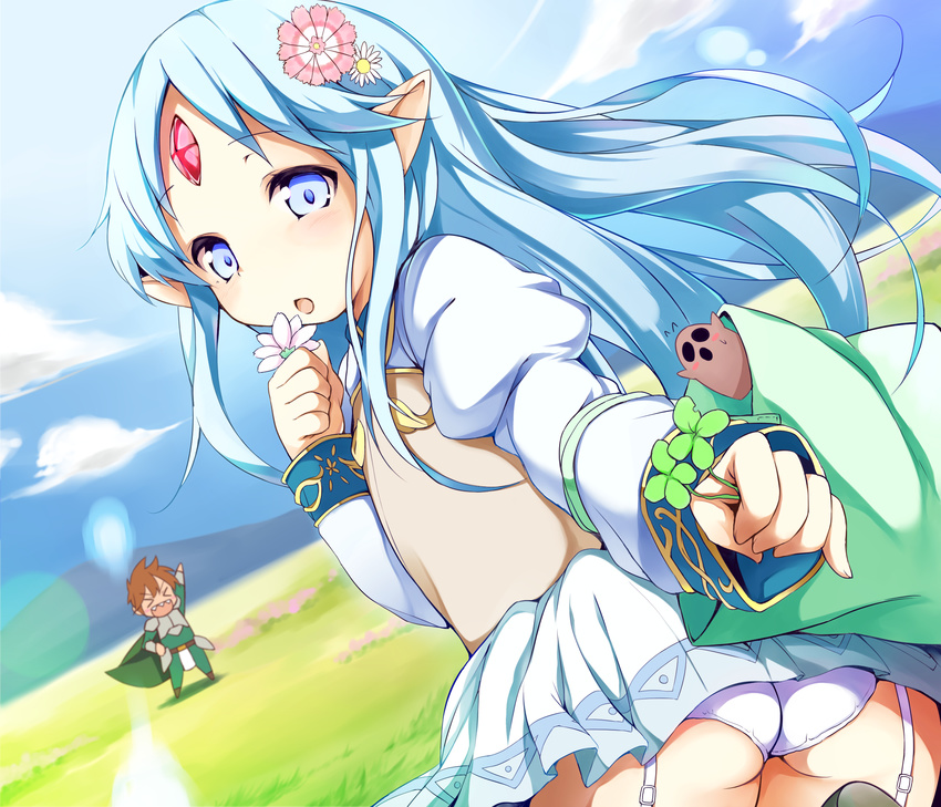 &gt;_&lt; 1girl ass blue_eyes blue_hair blush_stickers brown_hair closed_eyes cloud clover day dress elf father_and_daughter field flower forehead_jewel four-leaf_clover garter_straps hair_flower hair_ornament highres lens_flare long_hair long_sleeves miotama mountain nature open_mouth panties pantyshot pointy_ears puffy_sleeves rance rance_(series) rance_quest reset_kalar sharp_teeth skirt sky teeth underwear