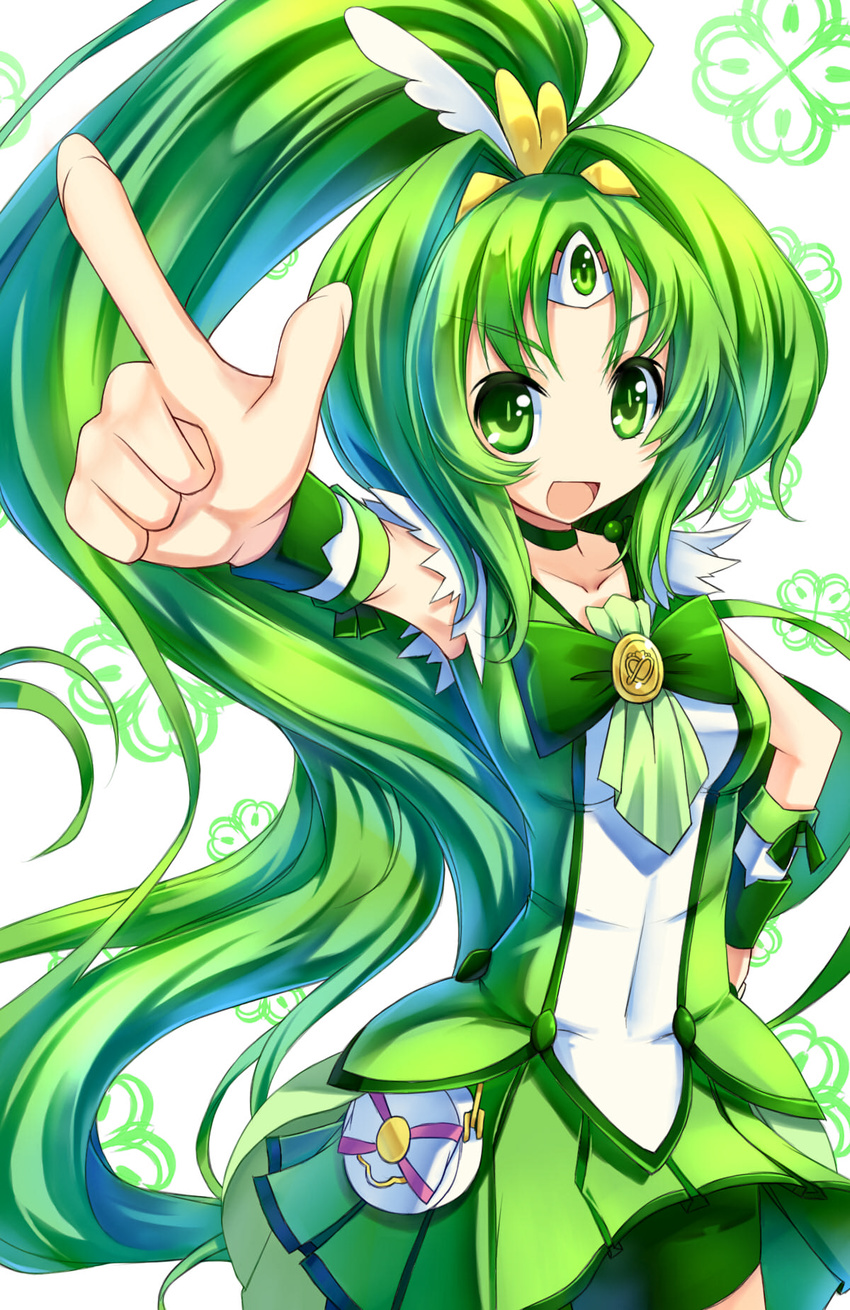 arm_up bike_shorts breasts choker cure_march dress green green_choker green_eyes green_hair green_shorts green_skirt highres hoshi_no_gen long_hair magical_girl medium_breasts midorikawa_nao no_nose pointing ponytail precure shorts shorts_under_skirt skirt smile smile_precure! solo tiara tri_tails