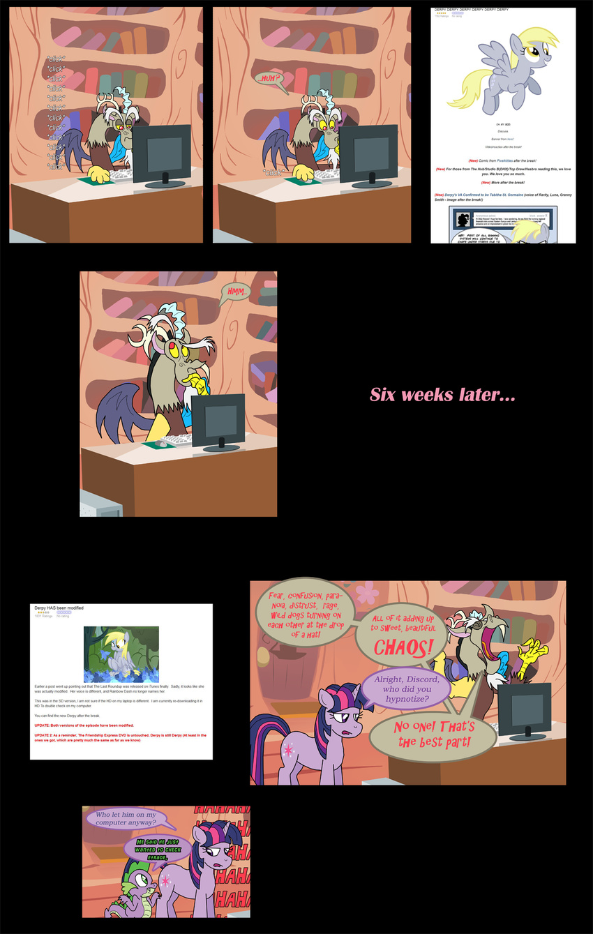 antlers book comic computer cutie_mark dialog dialogue discord_(mlp) draconequus dragon english_text equine female feral friendship_is_magic fur green_eyes group hair horn horse human male mammal multi-colored_hair my_little_pony pony purple_body purple_eyes purple_fur purple_hair red_eyes scalie spike_(mlp) text twilight_sparkle_(mlp) unicorn unoservix wings